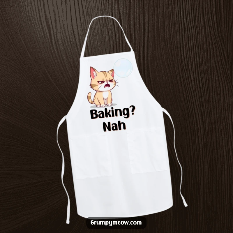 Funny grumpy cat apron, swatting at a soap bubble, showing playful intent, superb funny gift for cooks.