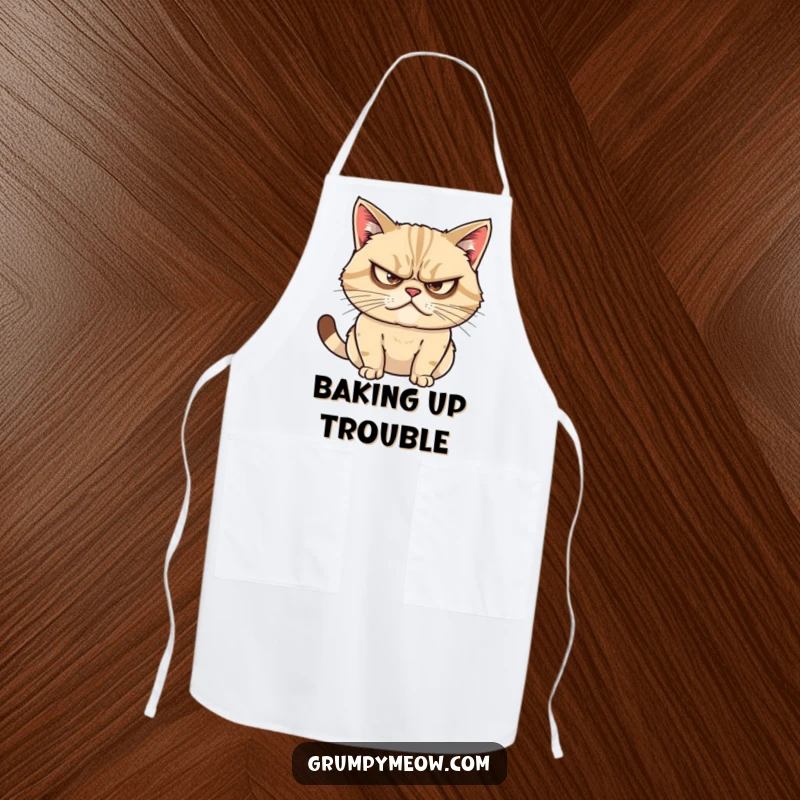 Funny apron showcasing a grumpy cat with narrowed eyes, plotting mischief while ready to prepare a meal with feline flair.