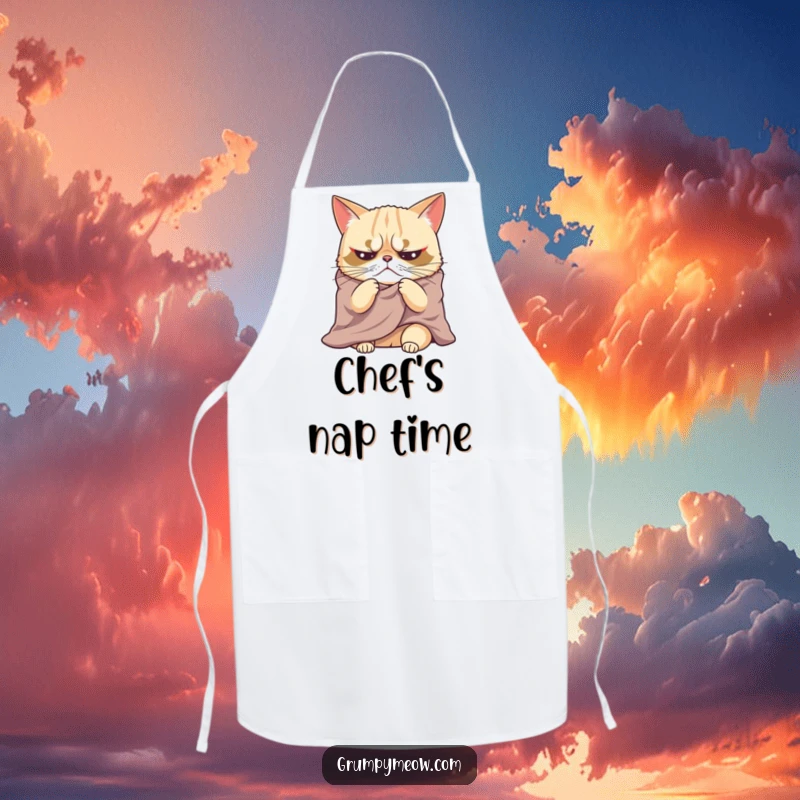 Funny apron with a grumpy cat sighing dramatically under a blanket, ideal for kitchen humor and a cozy, relatable cooking experience.