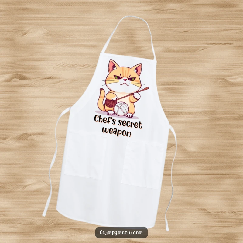 Funny apron featuring a grumpy cat with a serious frown, batting at a yarn ball, ready to add humor to any kitchen task.