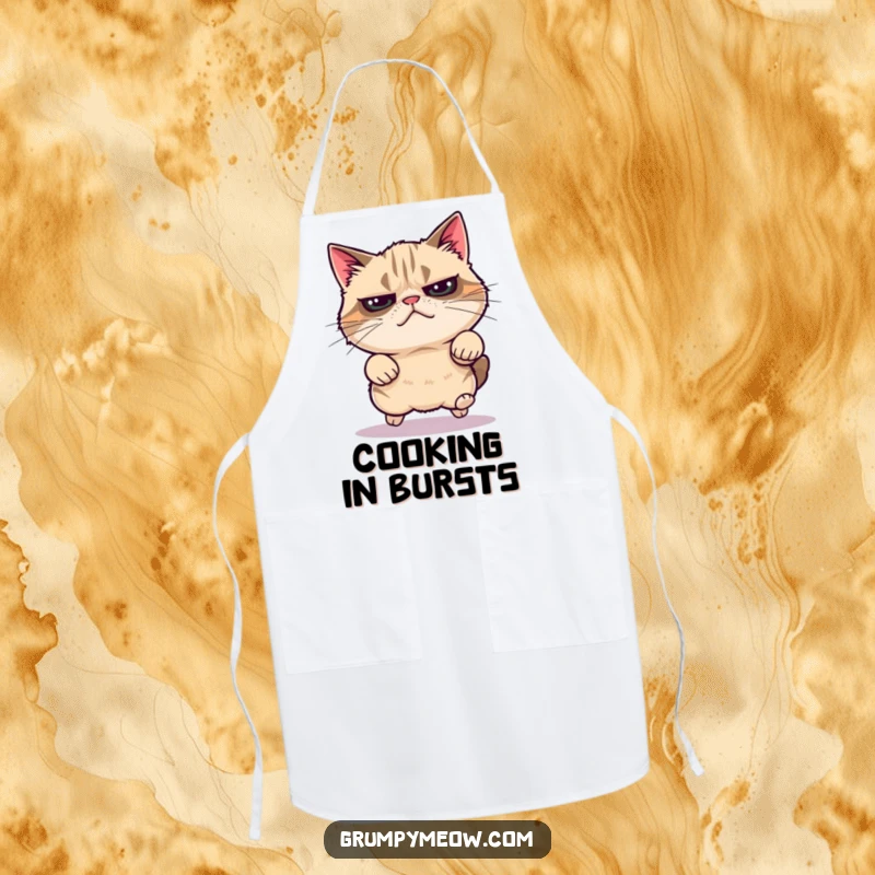 Funny grumpy cat apron, mid-leap with surprising energy, showing zest, superb funny gift for cooks.