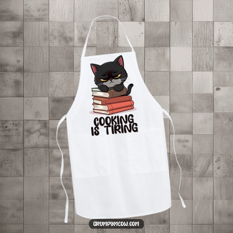 Funny apron with a scowling black cat attempting to nap on precarious books, ideal for kitchen humor.