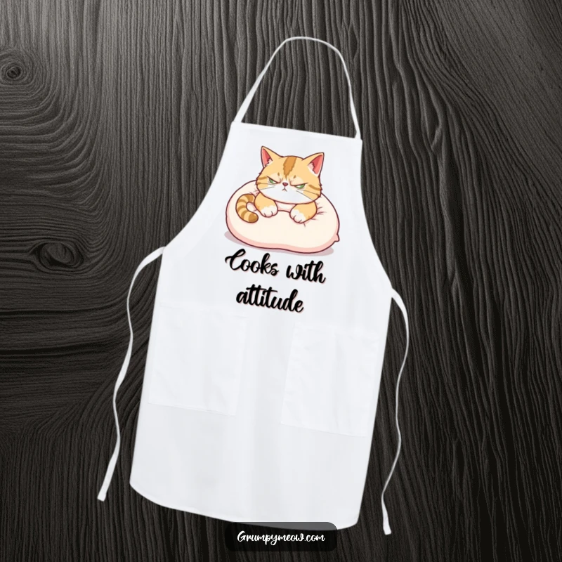 Funny Apron: A scowling cat, annoyed by distractions, tries to nap on a pillow, ready to protect your clothes.