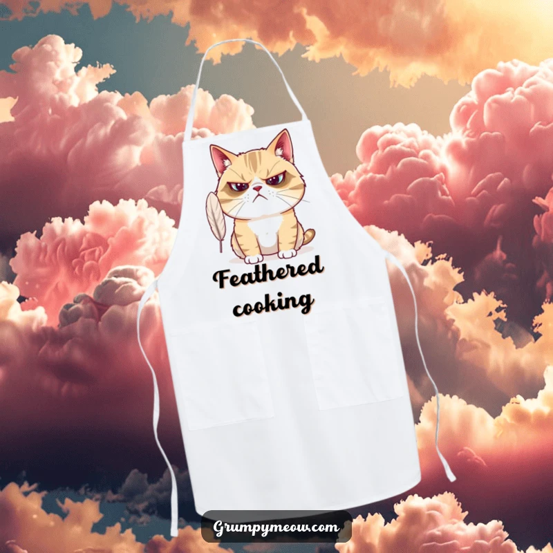 Funny Grumpy Cat Apron: A grumpy cat looks bewildered at a feather, making kitchen time sarcastically confusing and fun.