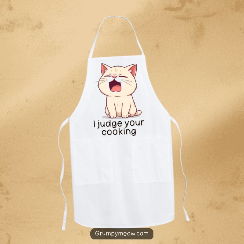 Funny apron with a bored cat yawning, a sarcastic twinkle in its eye, perfect for humorous kitchen activities.