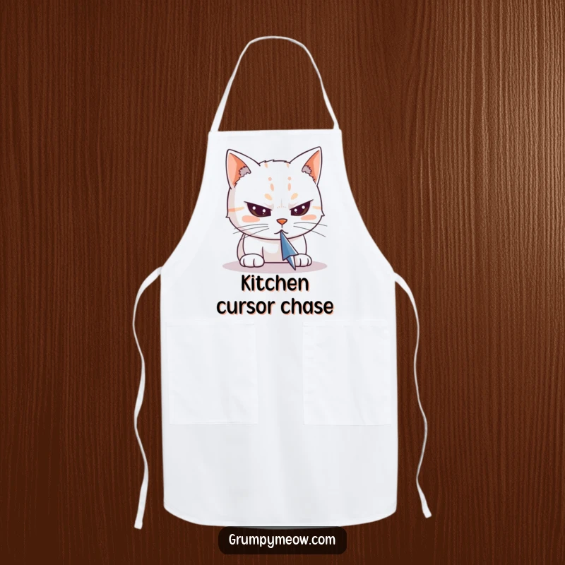Funny apron depicting a cat with sharp, narrowed eyes, intently focused on a moving computer cursor, adding humor to cooking.