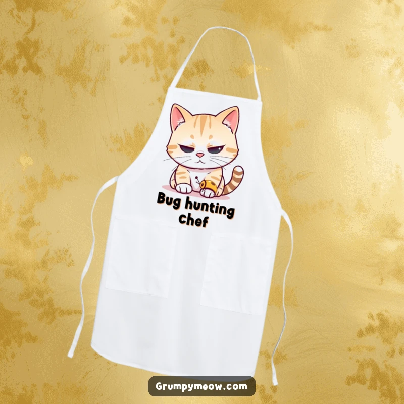 Funny cat apron showing a cat squinting its eyes, peering intently at a tiny insect, ideal for kitchen protection and humor.