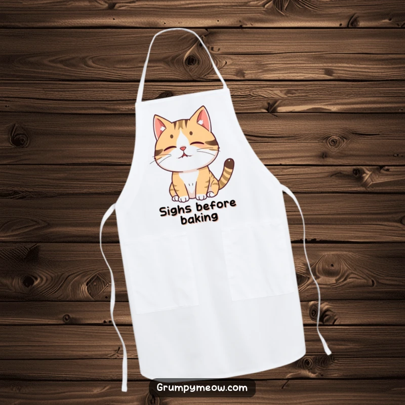 Funny cat apron showing a cat sighing with a puff of air, perfect for protecting clothes while adding a humorous touch to cooking.