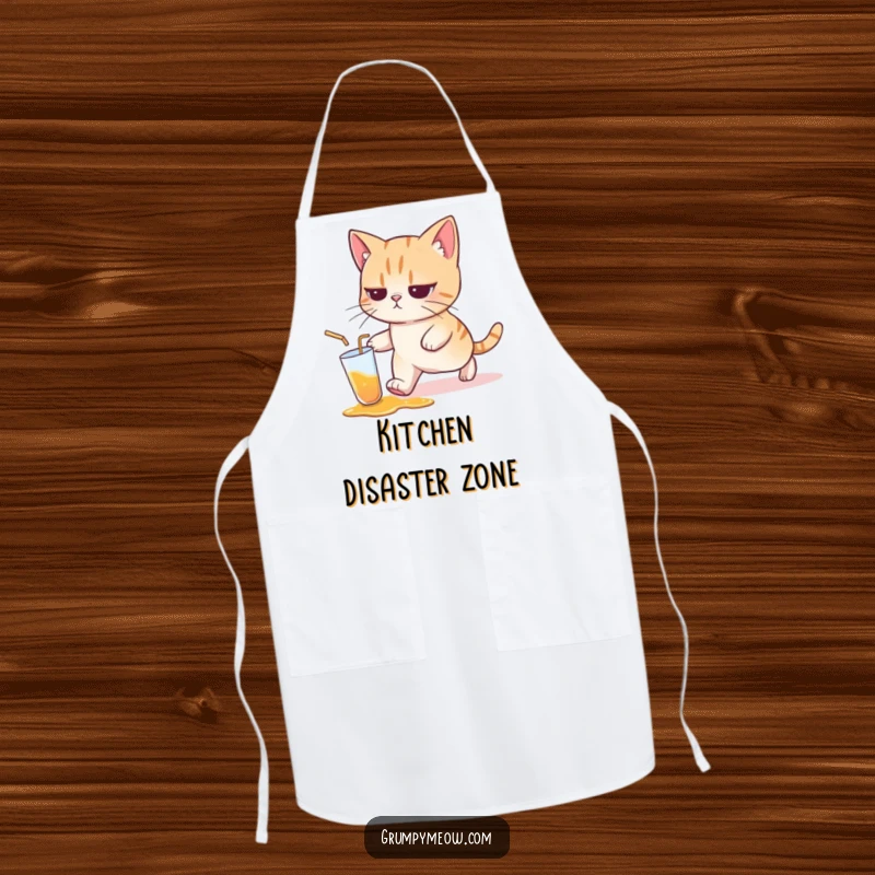 Funny cat apron showing a cat with a resigned expression, walking away from a spilled drink, ideal for kitchen protection and humor.