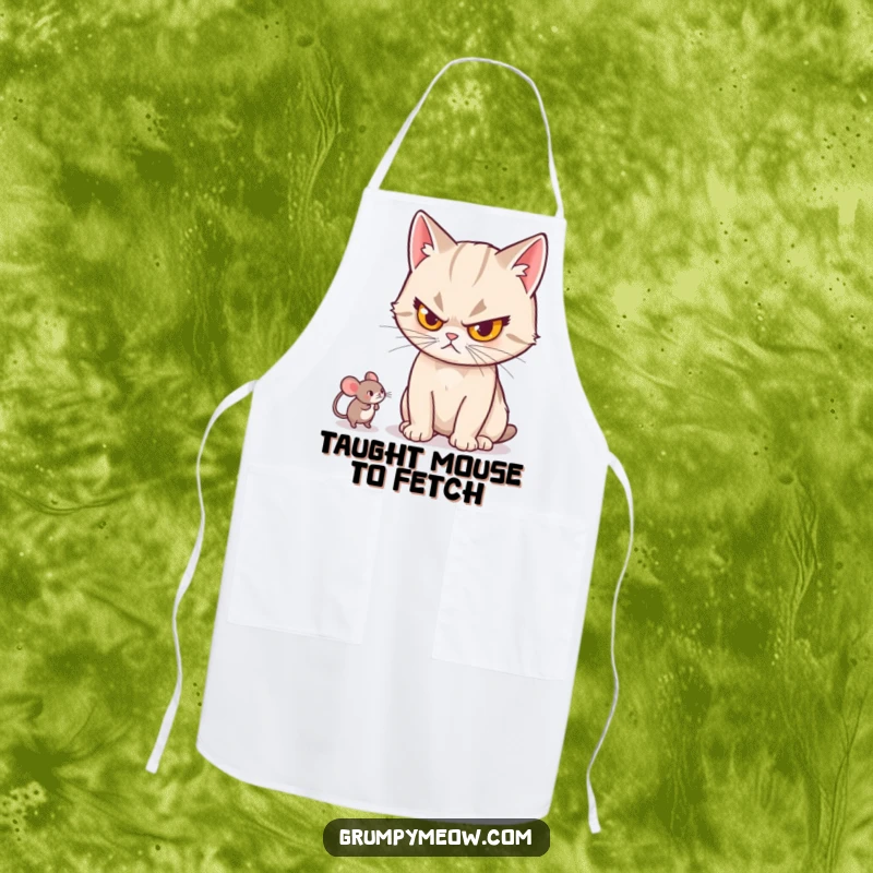 Funny cat apron showing a cat with a stern look, batting a small mouse toy, ideal for kitchen protection and humor.