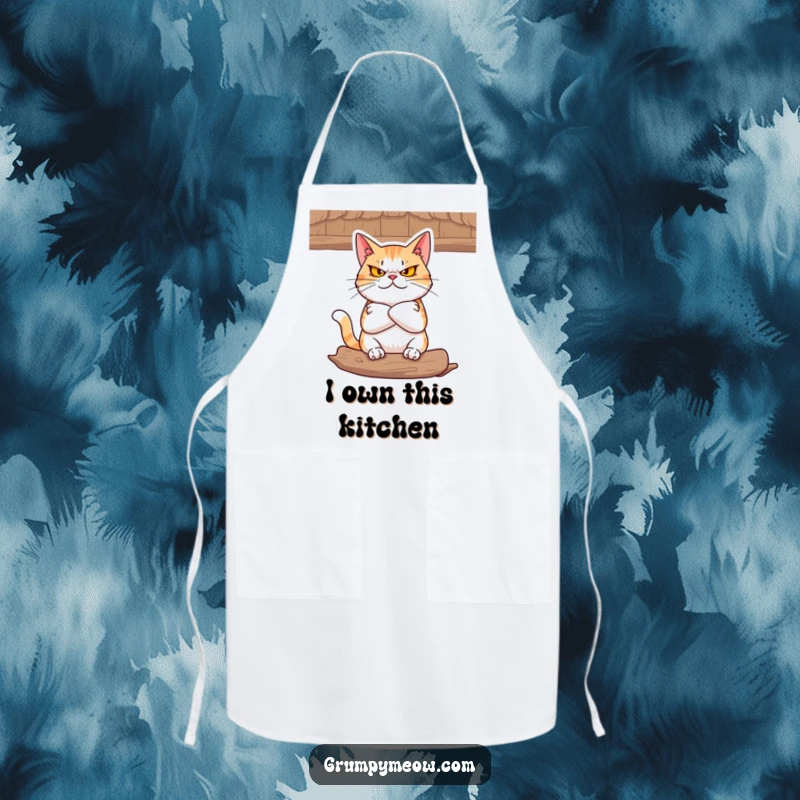 Funny Apron: A defiant cat with folded arms glares from a cozy perch, protecting your outfit with feline authority.