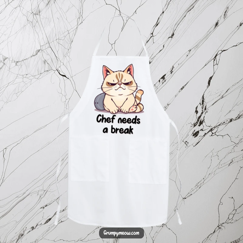 Funny apron showcasing a grumpy cat dramatically sighing while lounging lazily, a humorous kitchen companion for relaxed cooking.