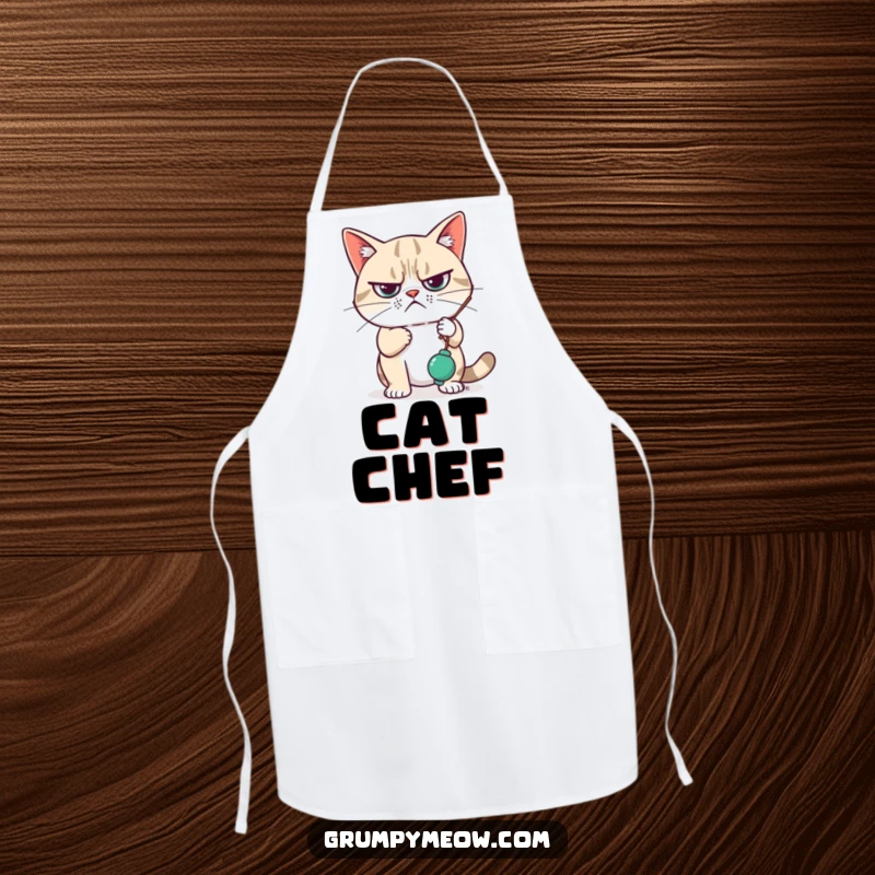Funny Apron featuring a grumpy cat looking unimpressed while swatting a dangling toy, making kitchen tasks hilariously nonchalant.