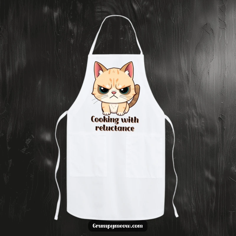 Funny apron with a grumpy cat exhibiting a twitch while receiving a head scratch, perfect for humorous kitchen wear.