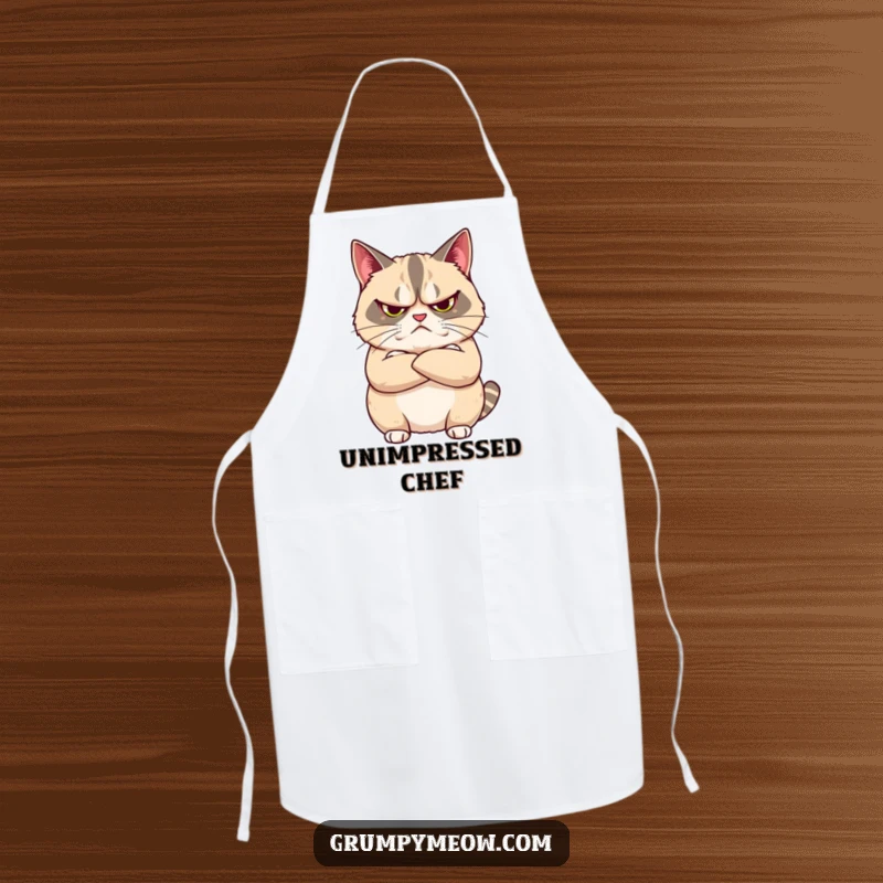 Funny apron with a grumpy cat arms crossed, looking unimpressed, bringing humorous feline sass and critical attitude to the kitchen.