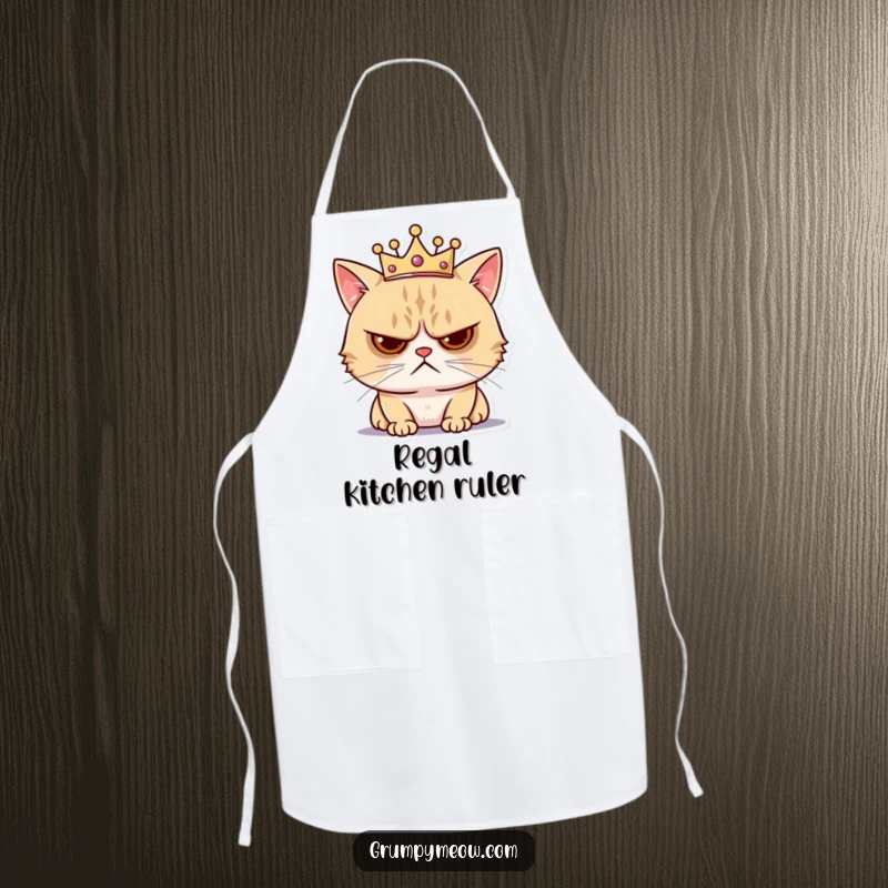 Funny apron with a grumpy cat wearing a tiny crown, looking annoyed, bringing humorous feline royalty and displeasure to the kitchen.