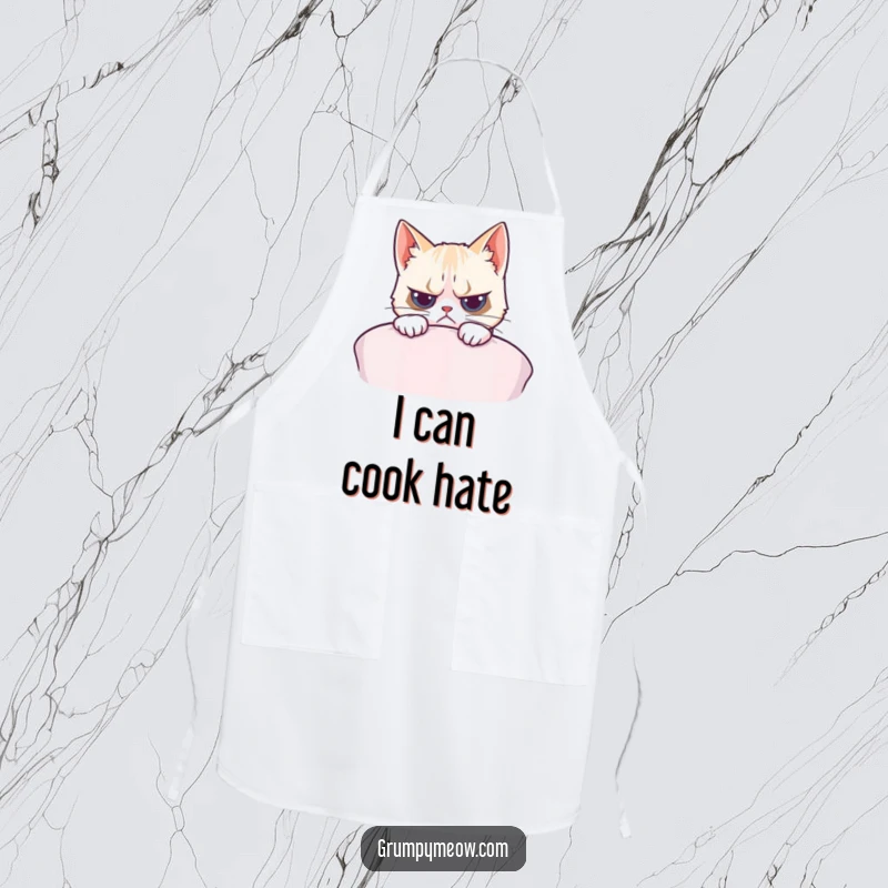 Funny apron depicting a grumpy cat peeking over a cushion, ready to add humor to kitchen tasks.