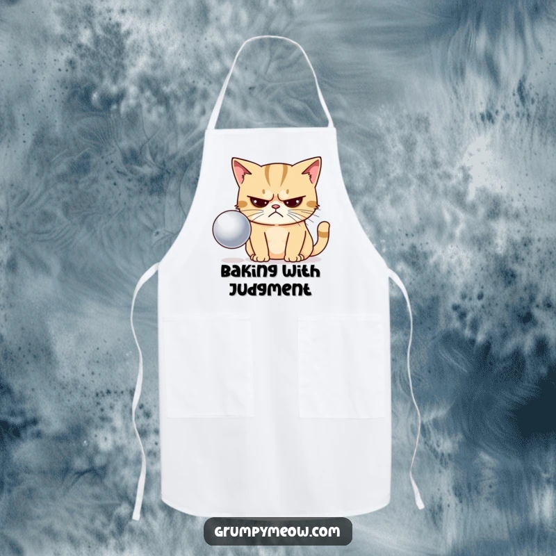 Funny apron with a grumpy cat narrowing its eyes in disapproval at a shiny ball, ideal for kitchen humor.