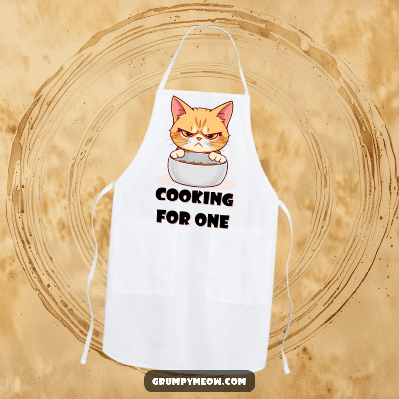 Funny grumpy cat apron, kitchen protection, skeptical stare, empty food bowl, humorous cooking accessory, cat-themed gift.