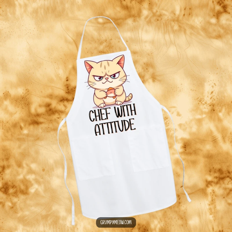 Funny apron showing a grumpy cat smirking and holding a tiny fish, ideal for kitchen flair and protection.