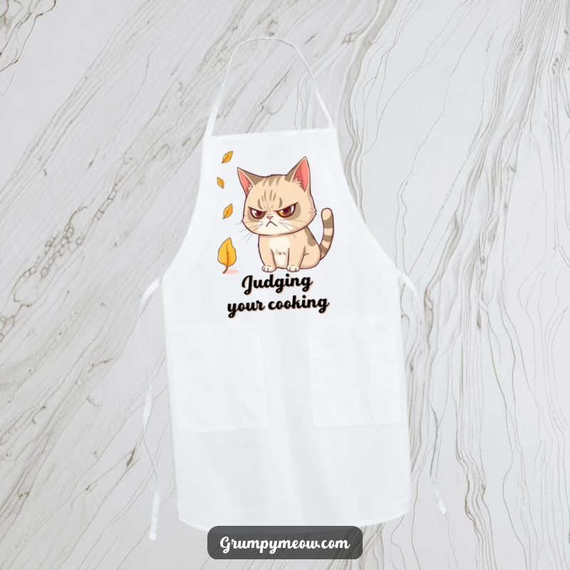 Funny Grumpy Cat Apron: Protect your clothes while cooking with this witty apron featuring a grumpy cat and a leaf.