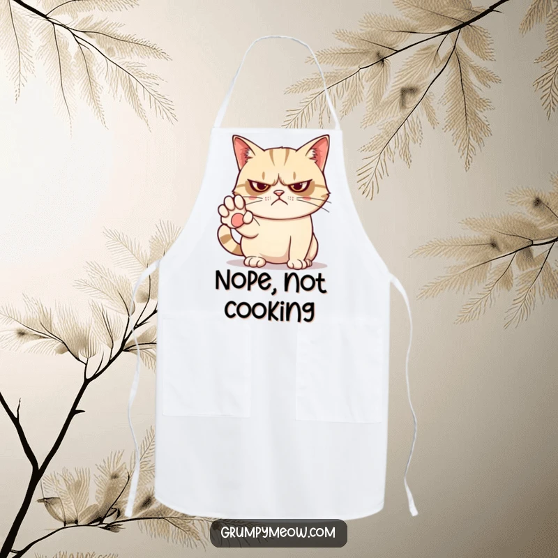 Funny apron featuring a grumpy cat with a paw extended, delivering a humorous 'no thanks' to messy cooking.