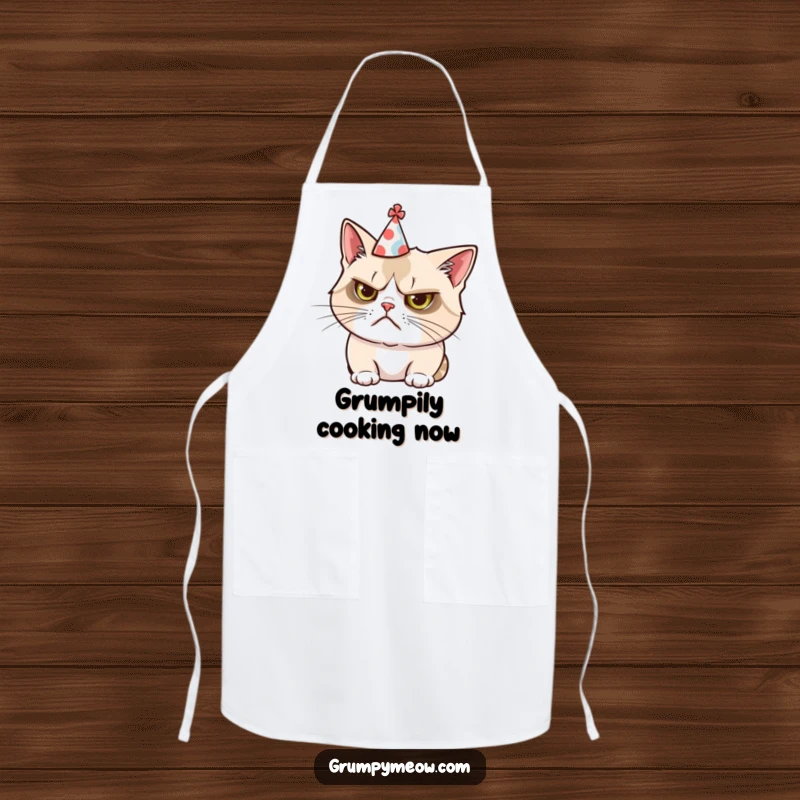 Funny apron depicting a grumpy cat comically wearing a small, tilted party hat while preparing food with a frown.