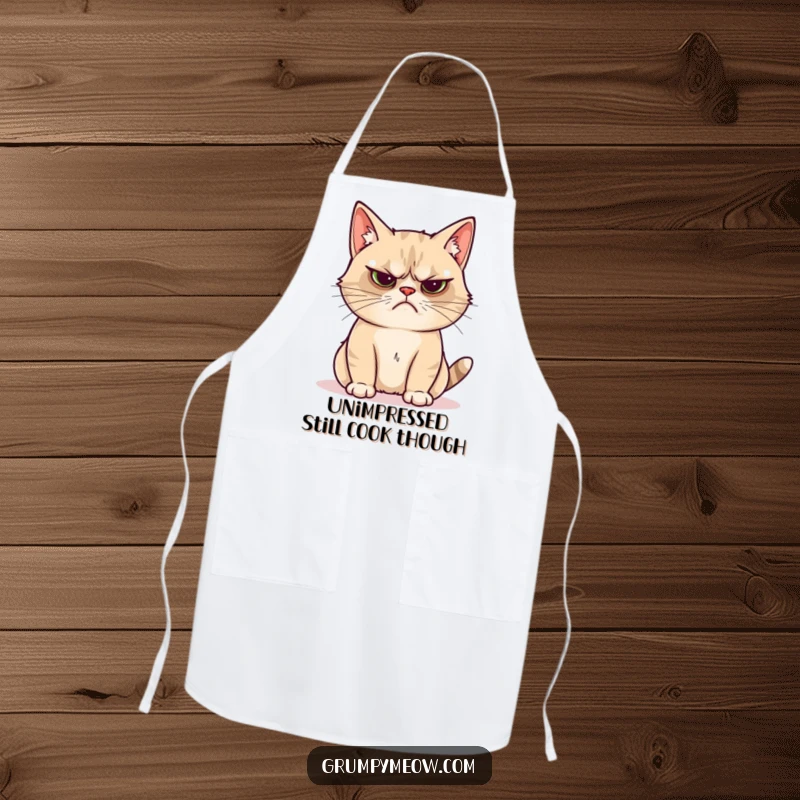 Funny grumpy cat apron with a cat unimpressed by a shiny object, a humorous kitchen essential.