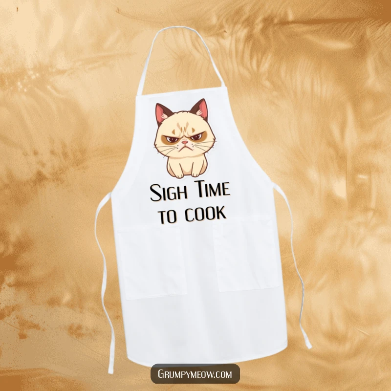 Funny grumpy cat apron depicting a dramatic sigh with a frown, a humorous kitchen essential.