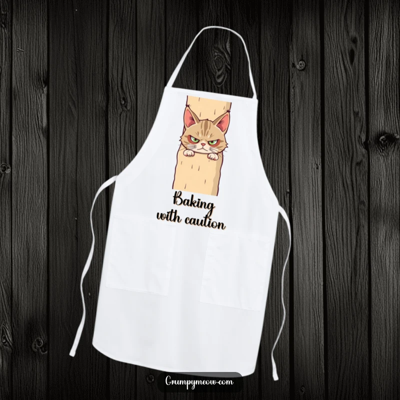 Funny apron with a grumpy cat peeking suspiciously from behind a giant scratching post, ready to critique your cooking skills.