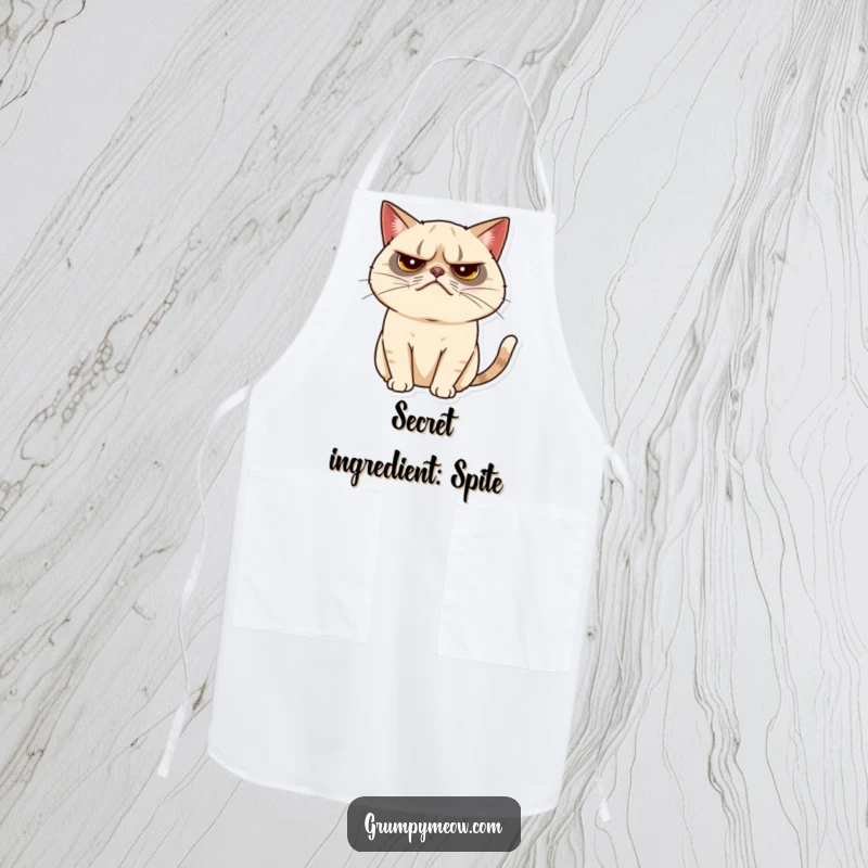 Funny grumpy cat apron depicting a cat with a tiny, almost imperceptible tail twitch, symbolizing subtle kitchen moods.