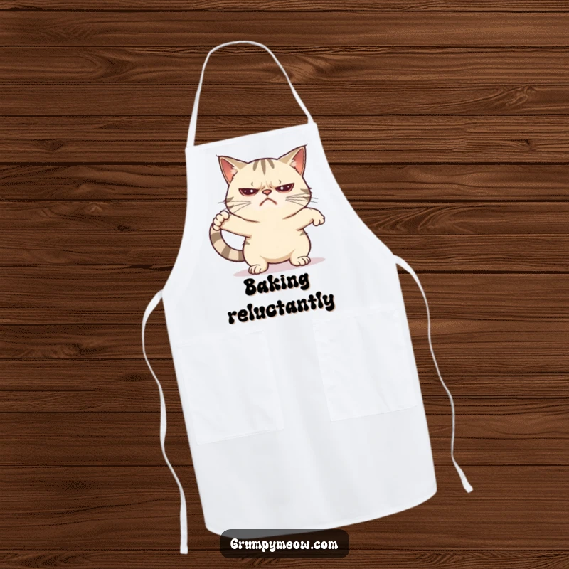 Funny grumpy cat apron depicting a cat doing a minimal, unenthusiastic stretch, symbolizing cooking reluctance.