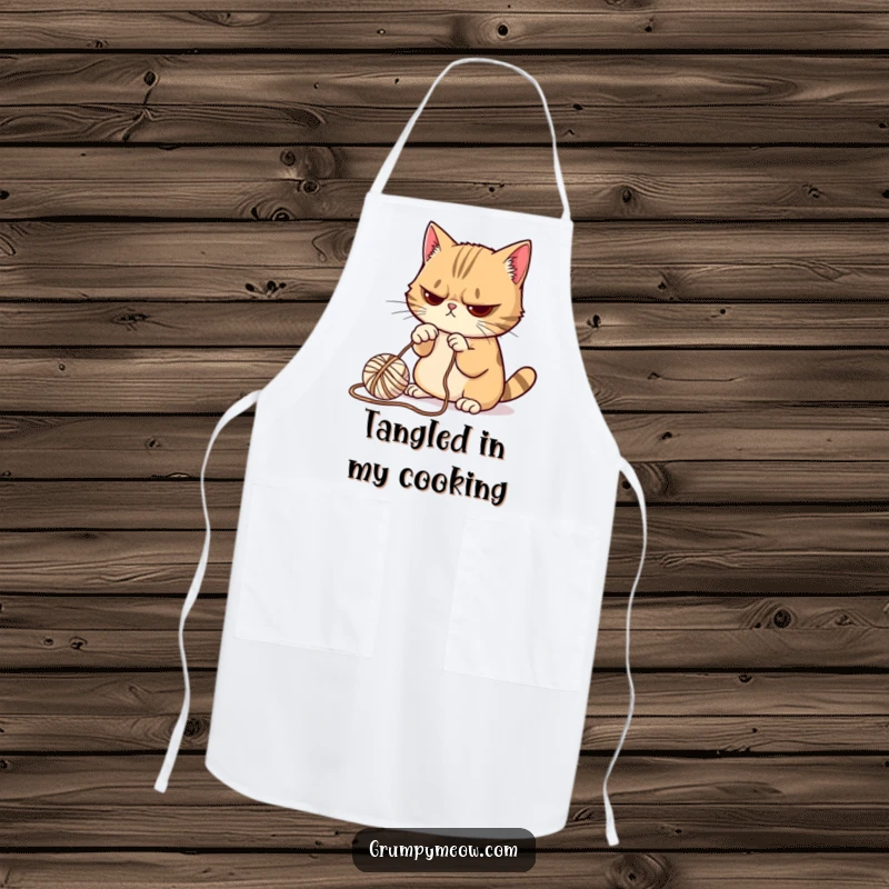 Funny Grumpy Cat Apron: Protect your clothes with this apron featuring a grumpy cat reluctantly batting a ball of yarn.