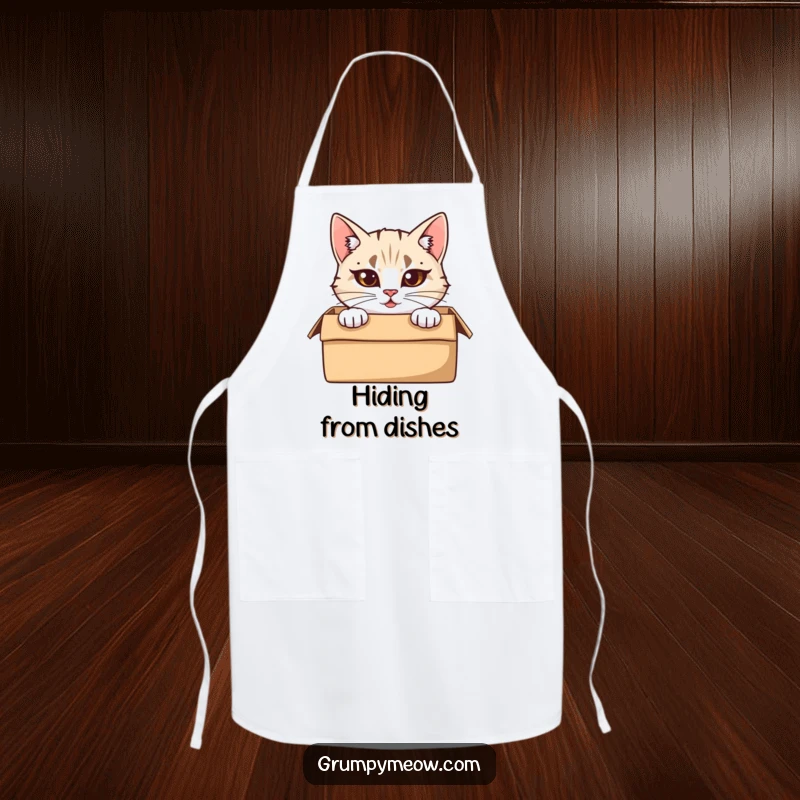 Funny Apron: A cat with furrowed brows peeks from a cardboard box, adding a humorous and stylish touch to kitchen wear.