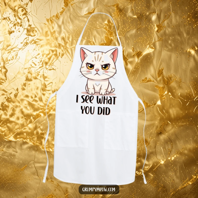 Funny apron with a skeptical cat's raised eyebrow, observing humorously, ideal for kitchen activities with a witty flair.