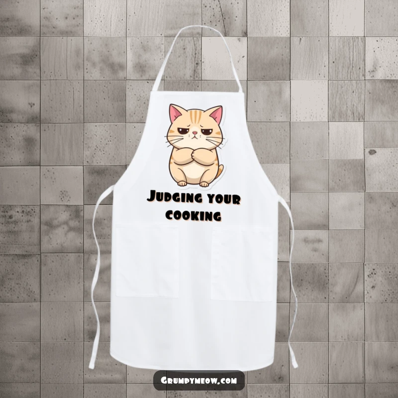 Funny Apron: A round cat with crossed arms looks unimpressed but curious, adding a humorous and stylish touch to kitchen wear.