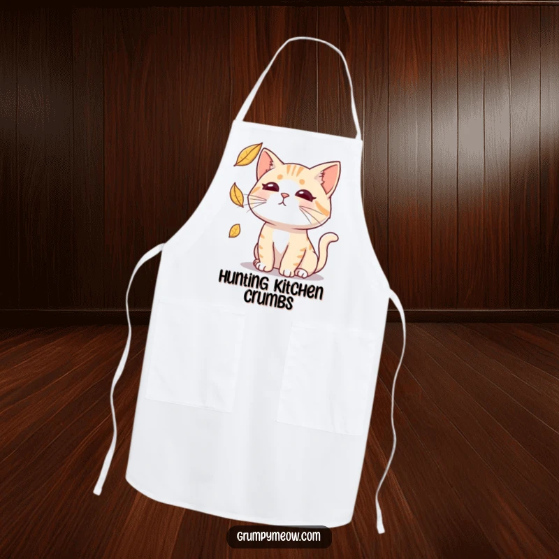 Funny apron showcasing a deadpan cat focused on catching a falling leaf, ideal for adding sarcastic humor to kitchen tasks.