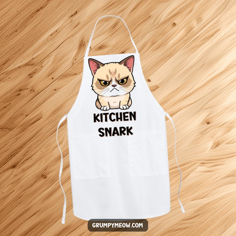 Funny Apron featuring a grumpy cat glaring with an intense expression, yet revealing a tiny, hidden smile, making cooking tasks amusing.