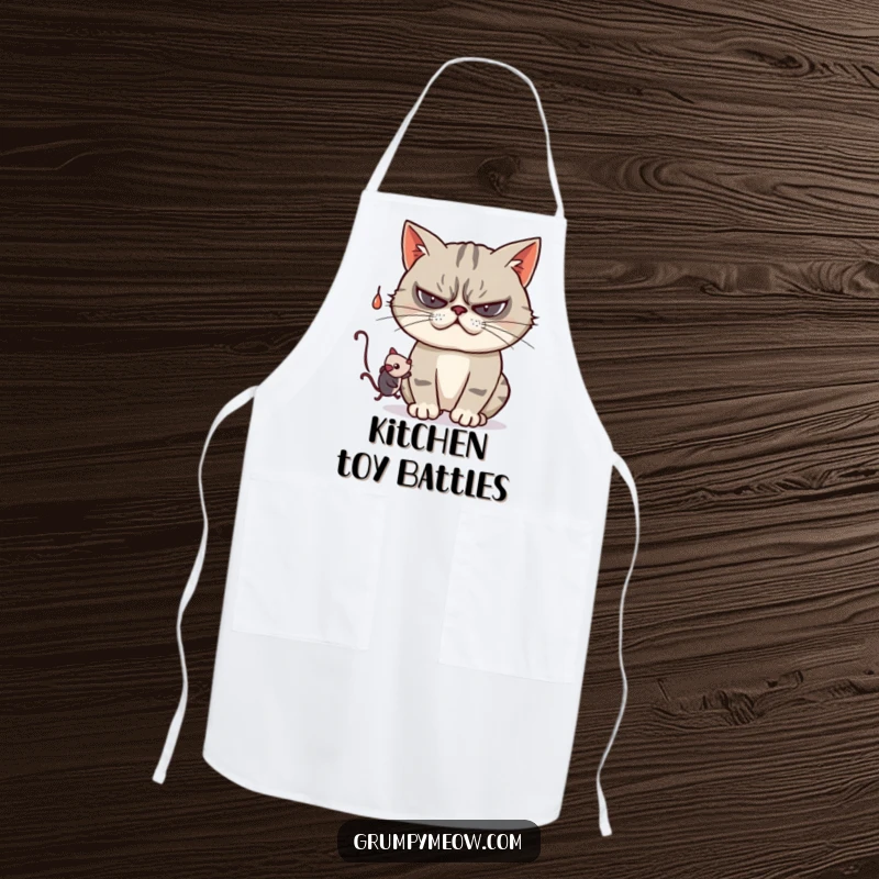 Funny apron featuring a grumpy cat playfully swatting at a dangling toy mouse, adding a touch of humor to kitchen duties.