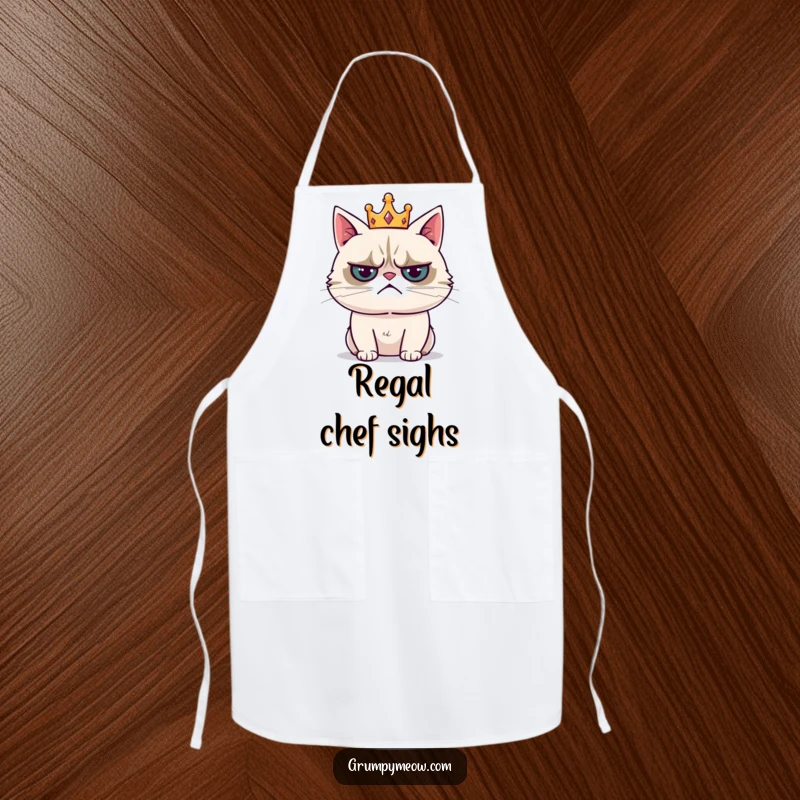 Funny apron featuring a grumpy cat wearing a tiny crown and sighing resignedly, ready to oversee your culinary creations.