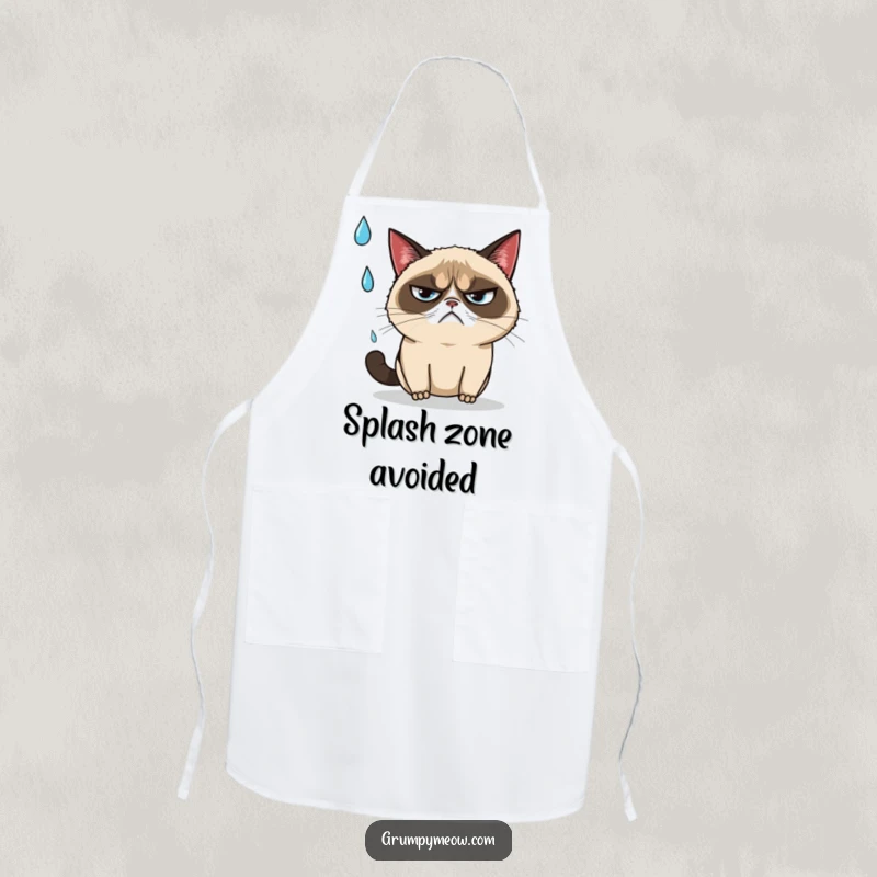 Funny grumpy cat wearing an apron, dodging a raindrop with annoyance, a great funny gift.