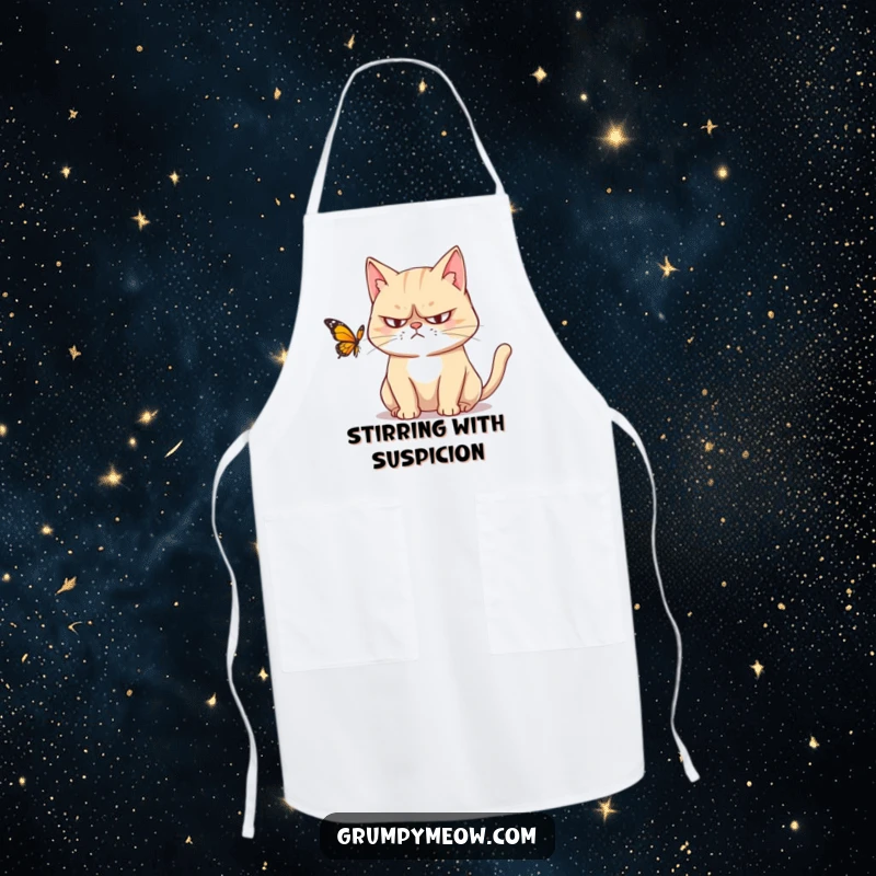 Funny apron with a grumpy cat giving a suspicious stare to a butterfly, adding humor to kitchen tasks and showing cat love.