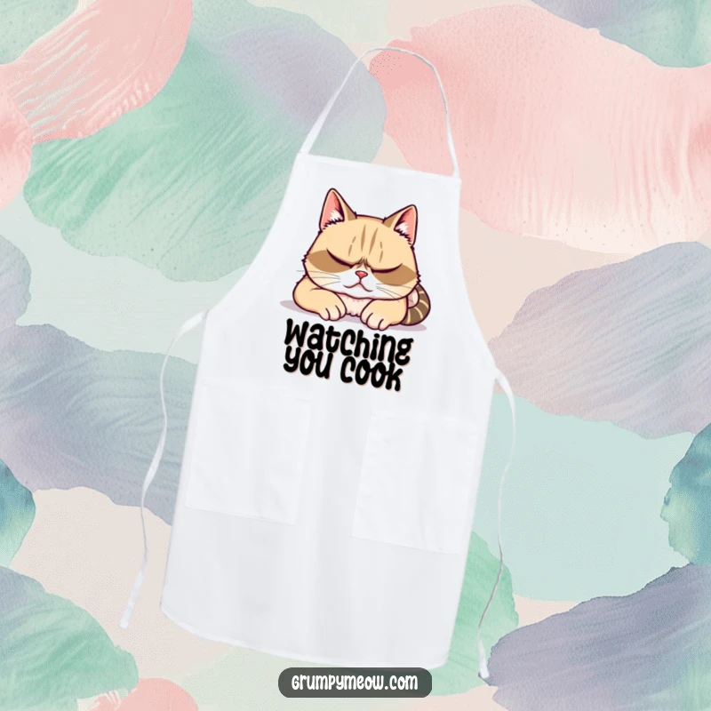 Funny apron with a grumpy cat feigning sleep but with watchful eyes, ideal for humorous kitchen tasks.