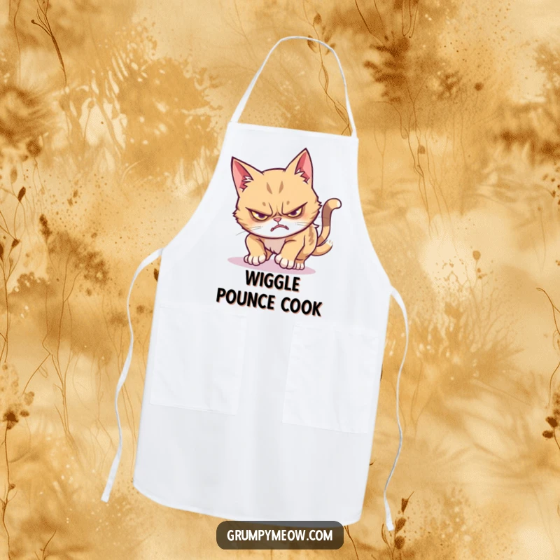 Funny grumpy cat apron illustrating a stealthy pounce fail with a wiggle, a humorous kitchen essential.
