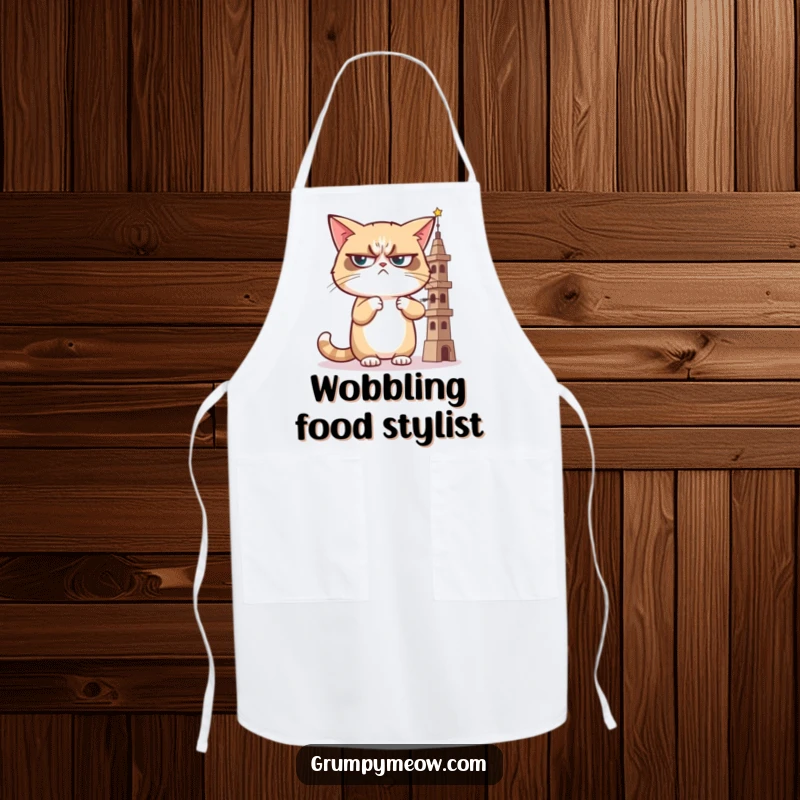 Funny apron with a grumpy cat giving a sideways, judgmental glance at a wobbly tower, bringing critical flair and protection to the kitchen.