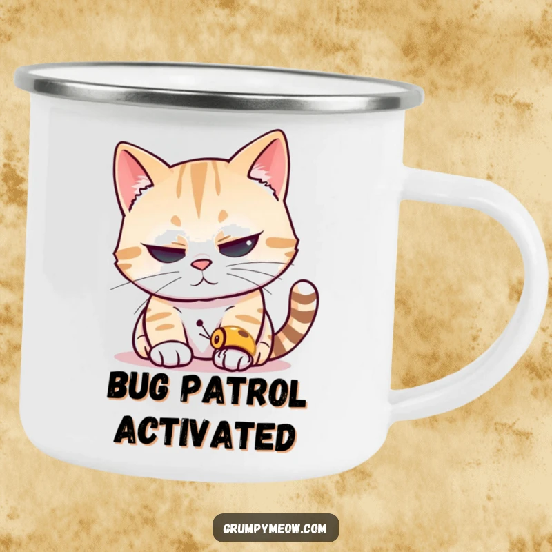 Funny cat camping mug showing a cat squinting its eyes, peering intently at a tiny insect, ideal for outdoor enthusiasts with a keen eye.