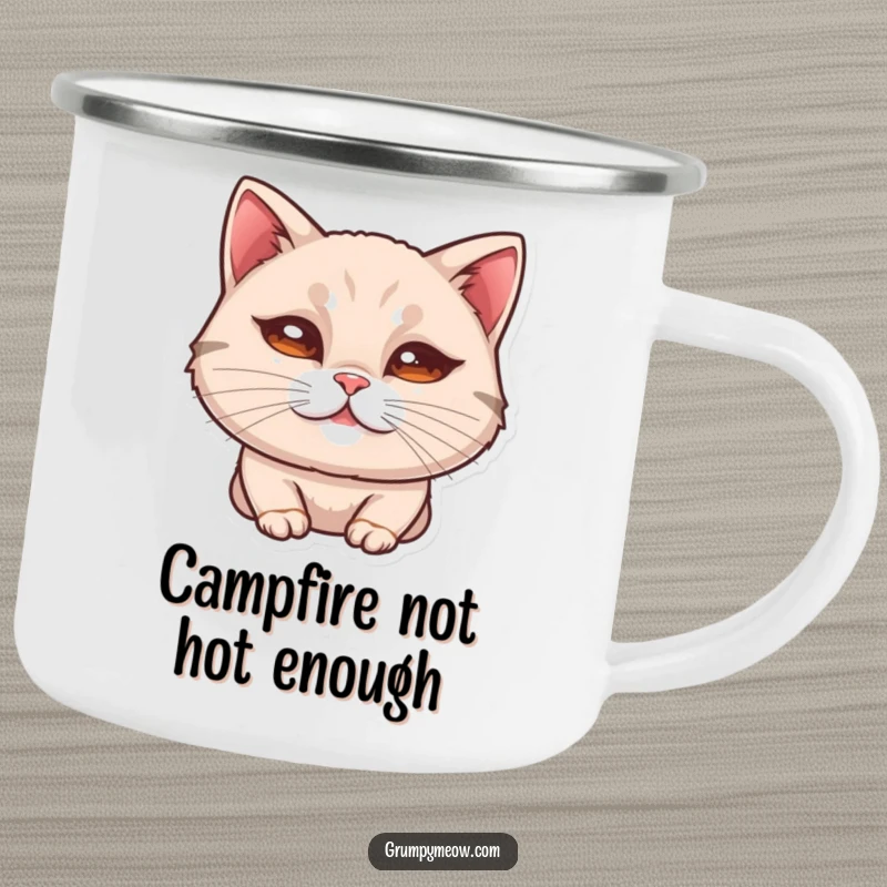 Funny camping mug with a cat's curled lip, giving a subtle, unimpressed look with humorous outdoor style.