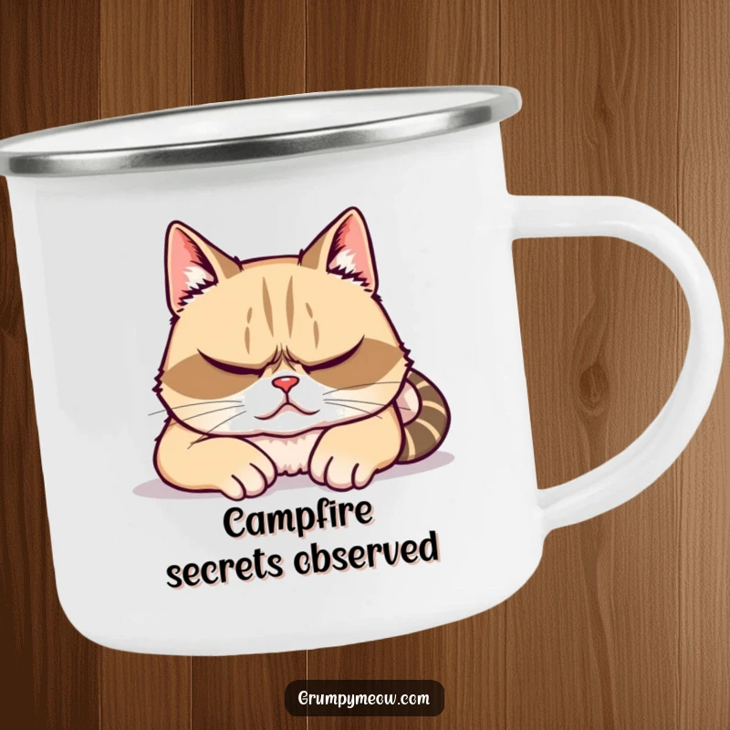Funny camping mug featuring a grumpy cat feigning sleep with watchful eyes, perfect for humorous outdoor use.