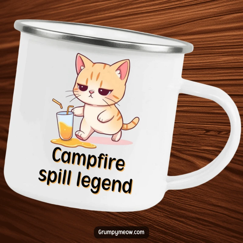 Funny cat camping mug showing a cat with a resigned expression, walking away from a spilled drink, ideal for outdoor enthusiasts.