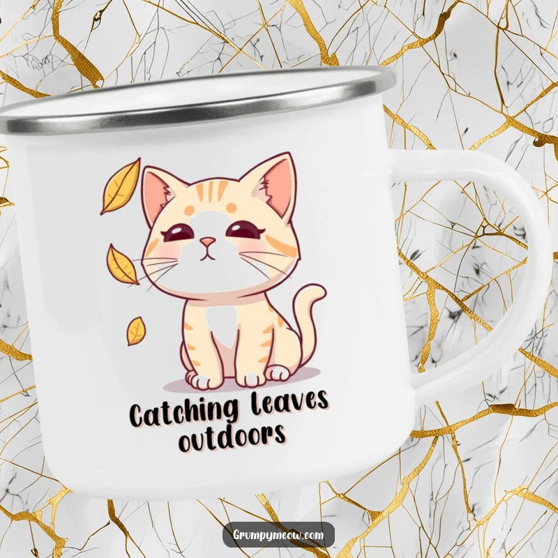 Funny camping mug featuring a deadpan cat intently trying to catch a falling leaf, perfect for outdoor use and sarcastic humor.